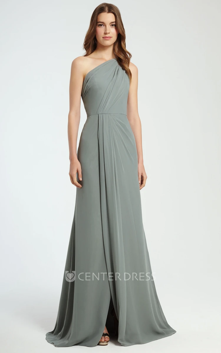 A-Line Sleeveless Ruched Long One-Shoulder Chiffon Bridesmaid Dress With Split Front