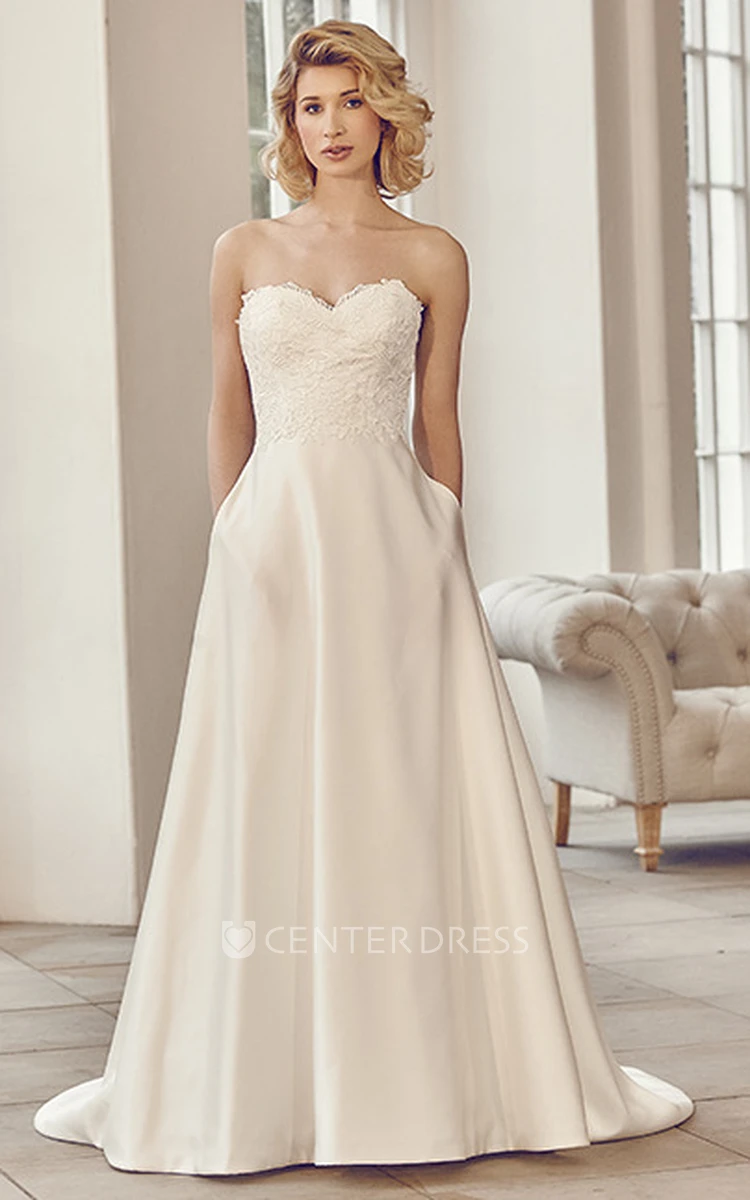 Sweetheart Long Appliqued Taffeta Wedding Dress With Court Train And V Back
