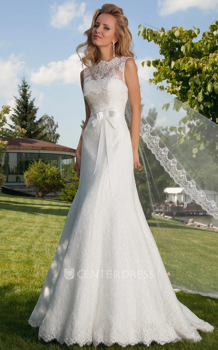 A-Line Bowed Bateau Floor-Length Sleeveless Lace Wedding Dress With Illusion Back And Court Train