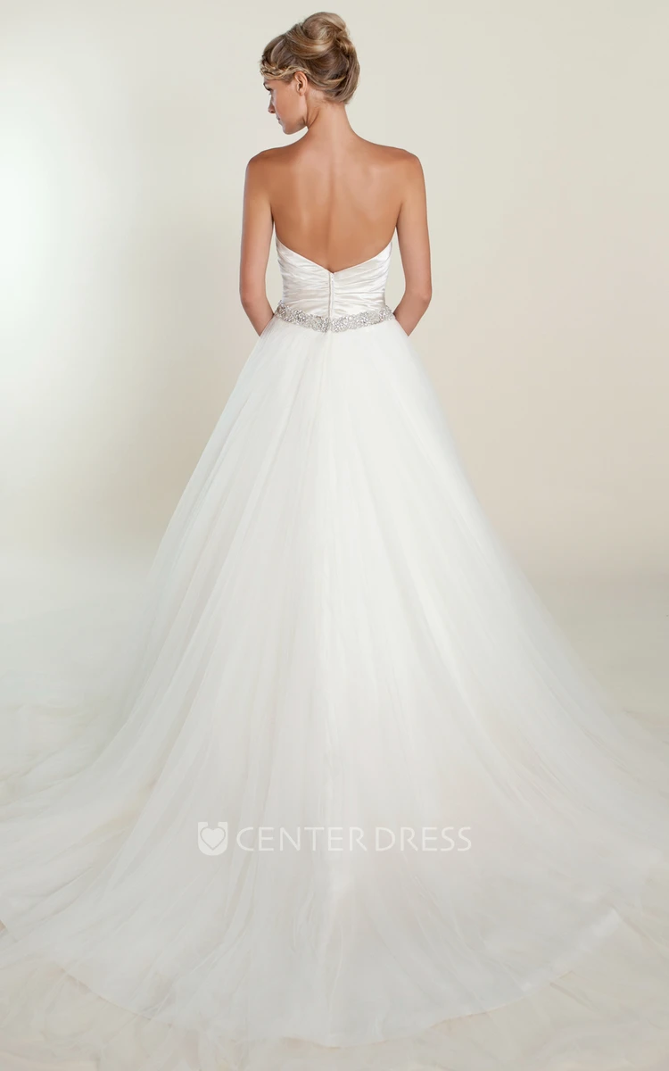 Ball Gown Sweetheart Long Jeweled Tulle&Satin Wedding Dress With Criss Cross And Pleats