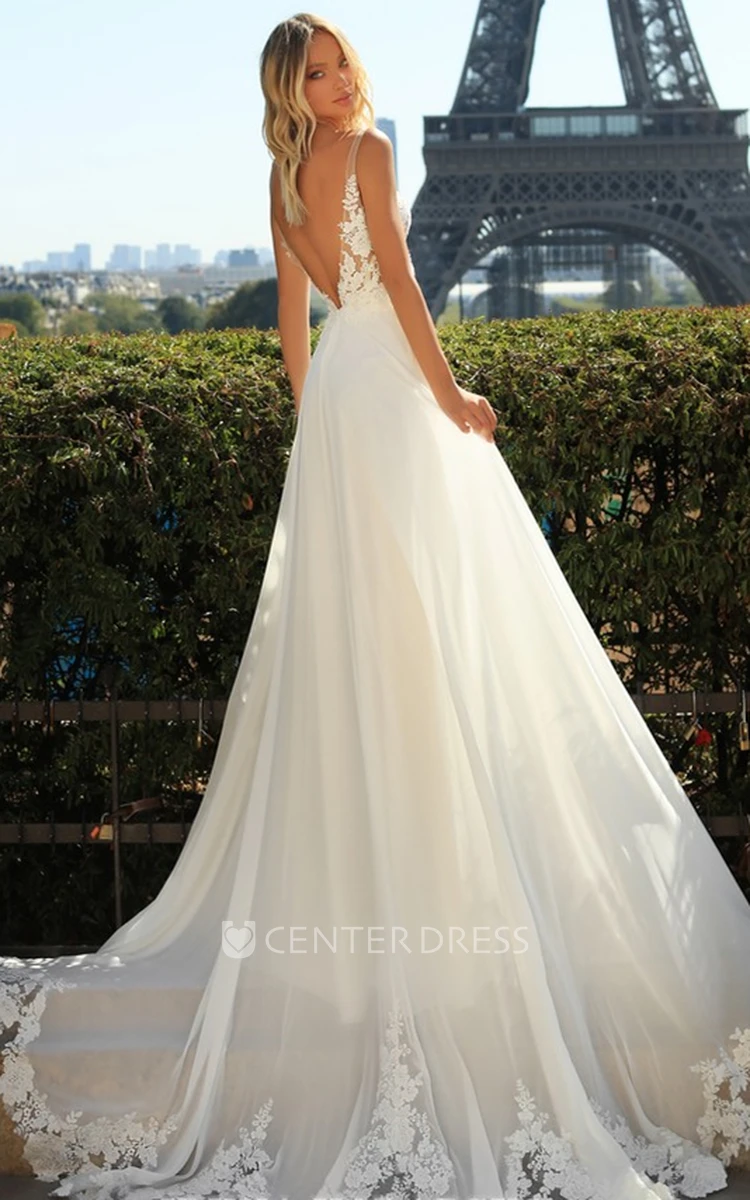 Elegant A Line Plunging Neck Chiffon and Tulle Wedding Dress with Appliques