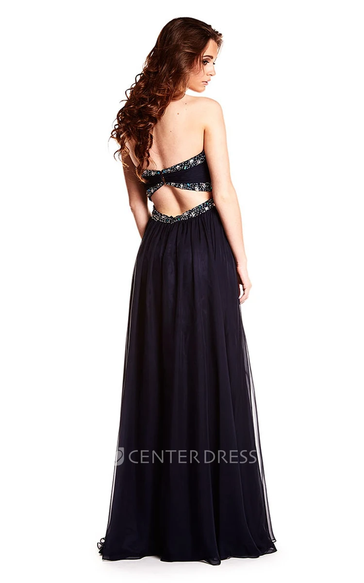 A-Line Sleeveless Beaded Sweetheart Floor-Length Chiffon Prom Dress With Backless Style