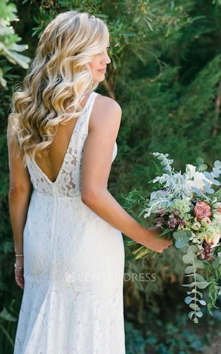 Sheath Sleeveless Lace Vintage Illusion Low-V Back Wedding Dress with Split Front