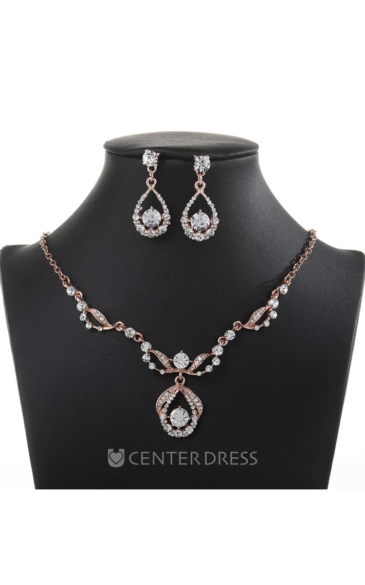 Rose Gold Rhinestone Design Necklace and Earrings Jewelry Set