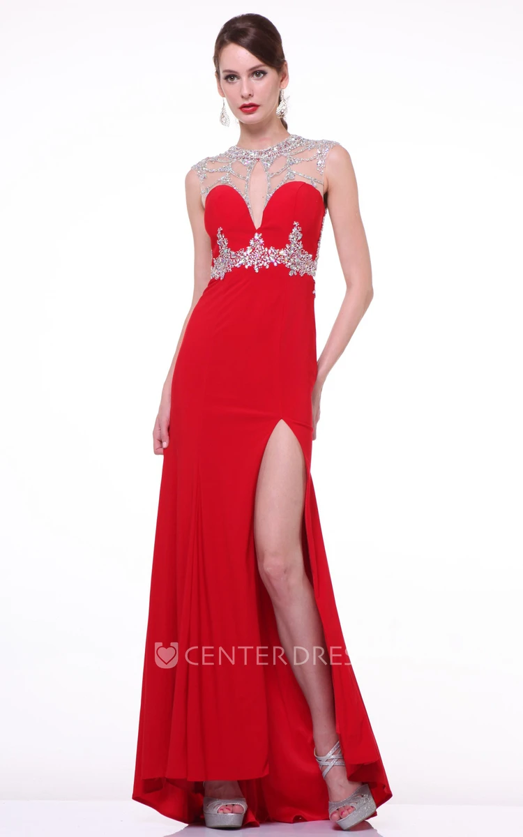 Sheath Long Jewel-Neck Jersey Illusion Dress With Beading And Split Front