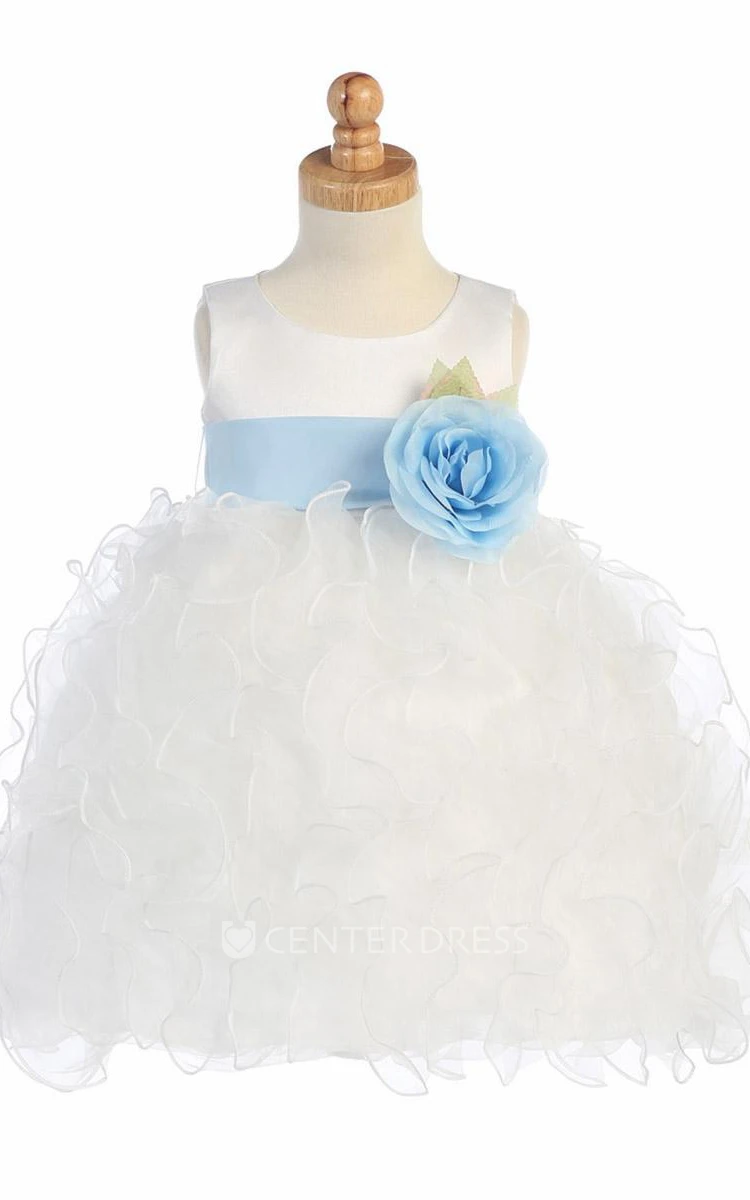 Tea-Length Floral Tiered Organza&Satin Flower Girl Dress With Ruffles