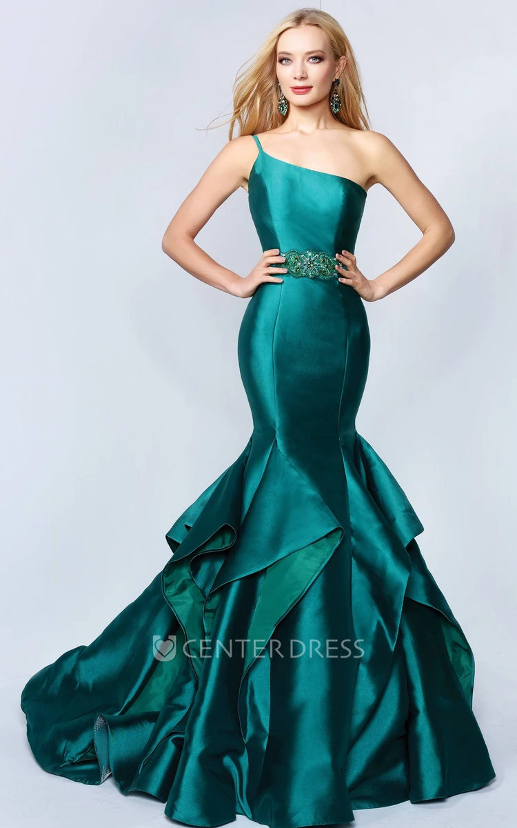 Trumpet One-Shoulder Sleeveless Satin Dress With Draping And Waist Jewellery