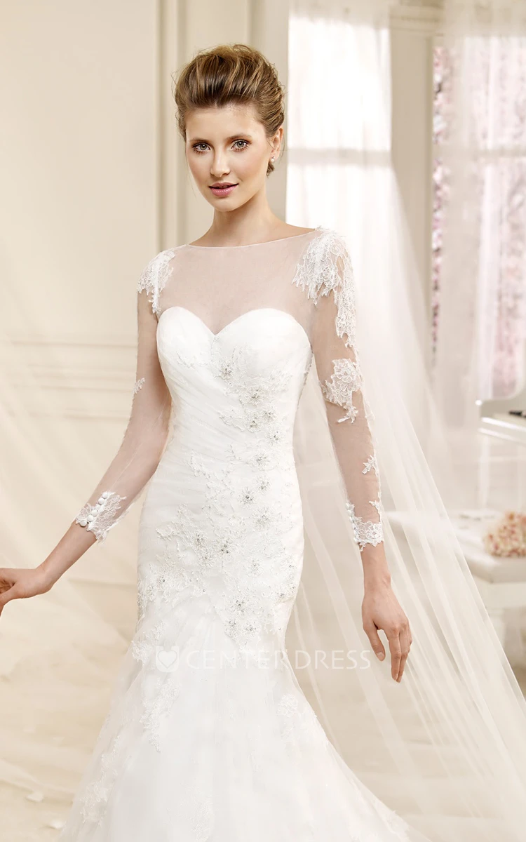 Long-sleeve Illusive Sheath Wedding Dress with Mermaid Style and Appliques 