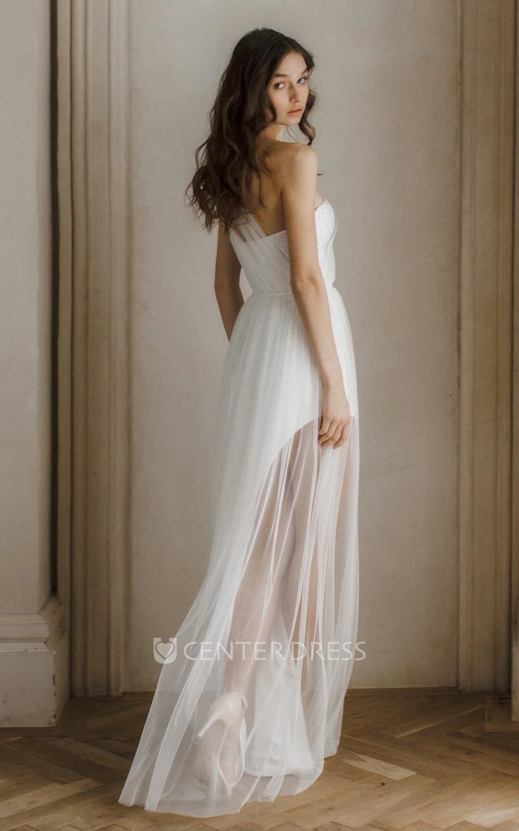 Casual Court Sheath Tulle Sequins Wedding Dress With One-shoulder Neckline And Open Back