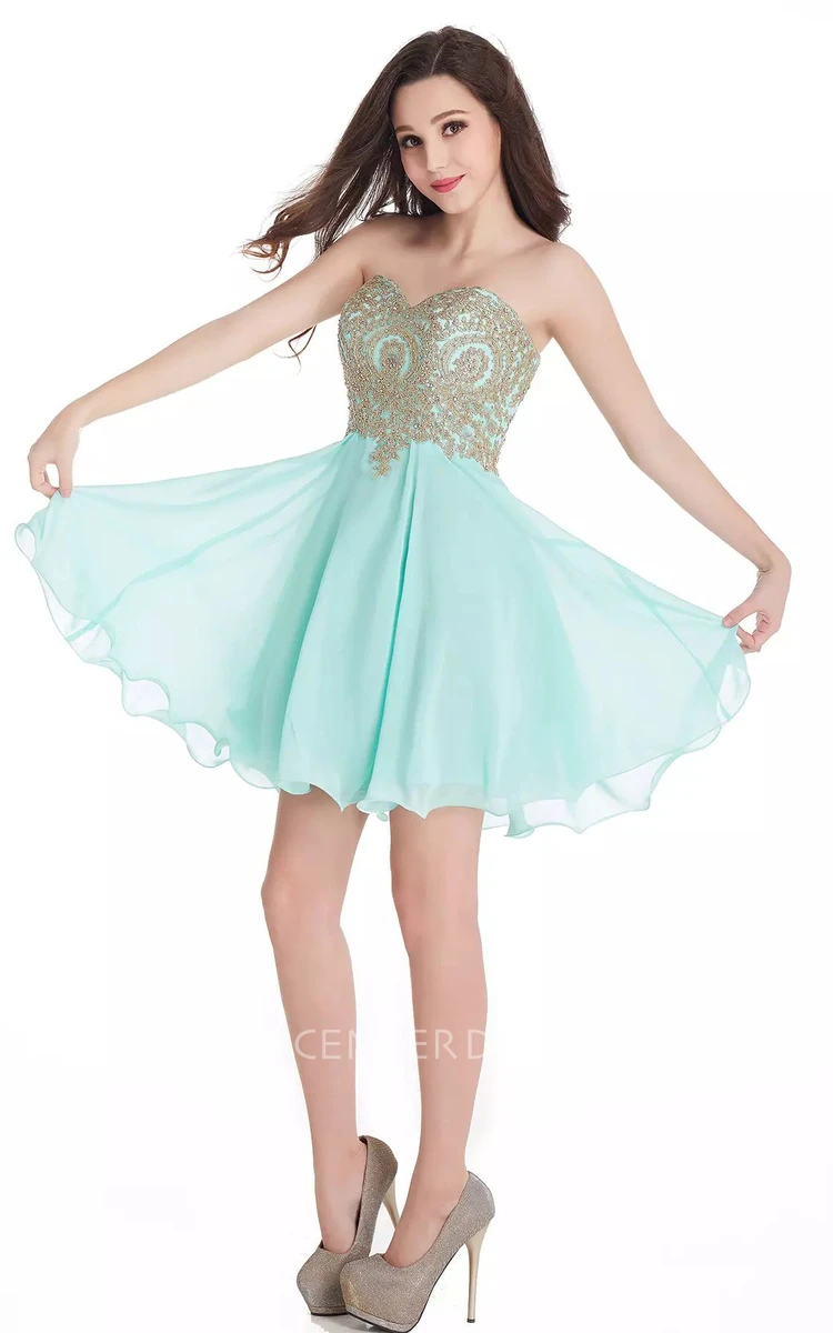 A-line Short Mini Sleeveless Sweetheart Beading Lace Pleats Chiffon Lace Homecoming Dress