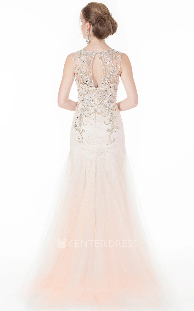 A-Line Jewel-Neck Beaded Sleeveless Floor-Length Tulle Prom Dress