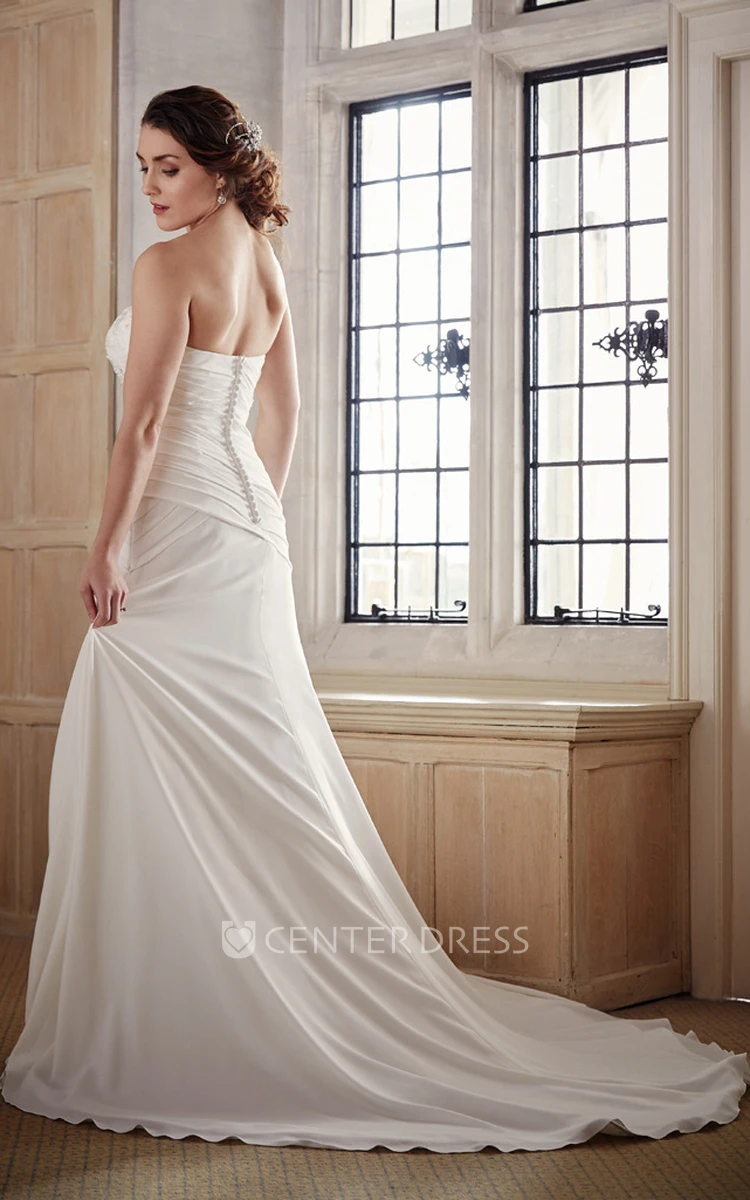 Long Strapless Appliqued Chiffon Wedding Dress With Court Train