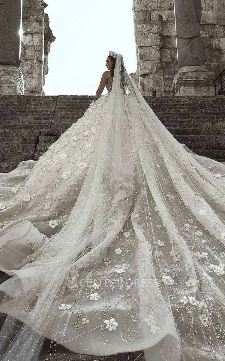 Appliqued Illusion Long Sleeve 3D Floral Luxury Bridal Ball Gown Wedding Dress With Beading