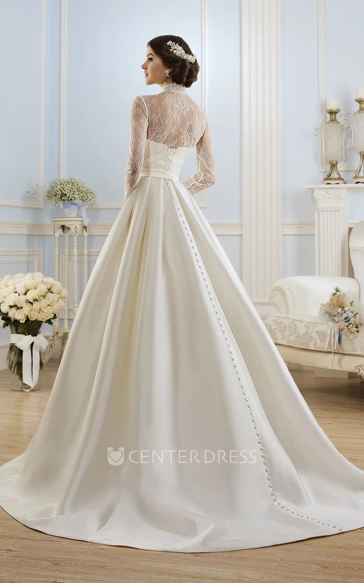 Ball Gown Long High-Neck Long-Sleeve Illusion Satin Dress With Lace