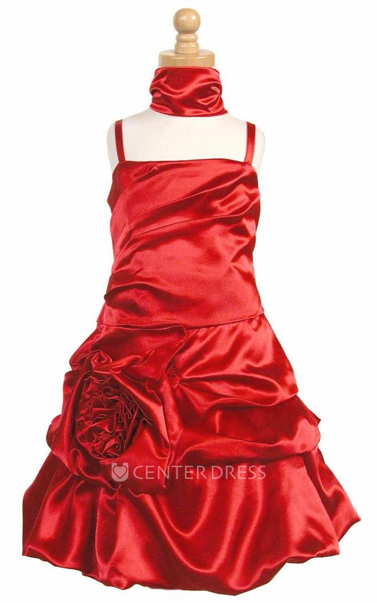 Cape Midi Floral Ruched Satin Flower Girl Dress With Ribbon