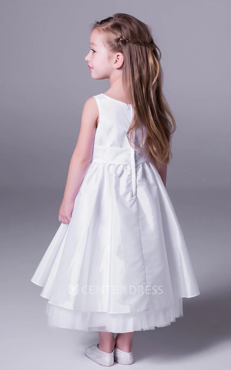 A-Line Sleeveless Scoop-Neck Ankle-Length Satin&Tulle Flower Girl Dress