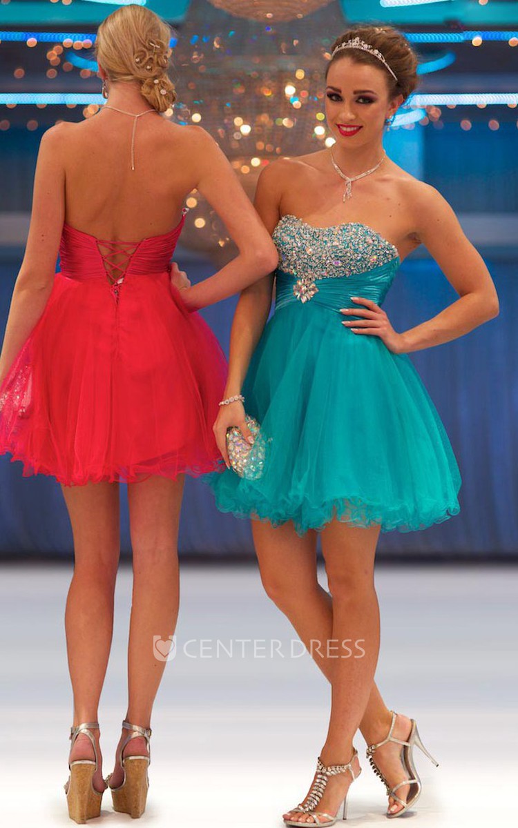 A Line Short Strapless Beaded Tulle Prom Dress With Lace Up UCenter Dress