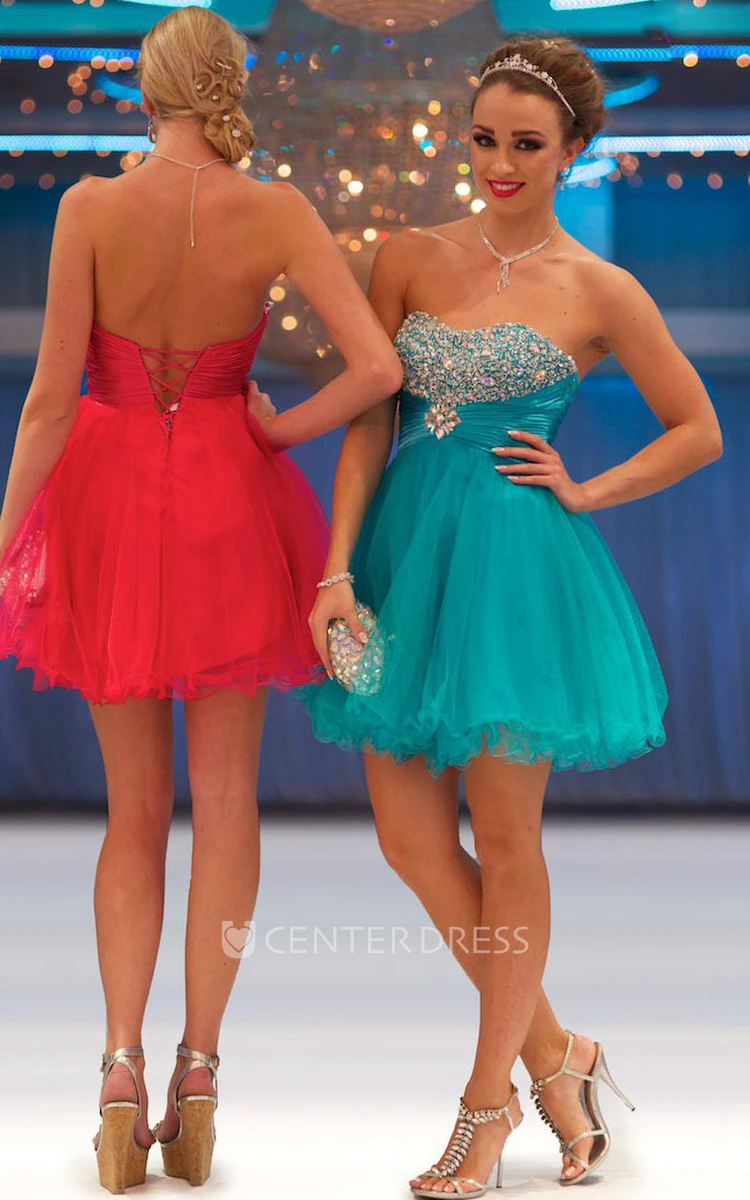 A-Line Short Strapless Beaded Tulle Prom Dress With Lace-Up