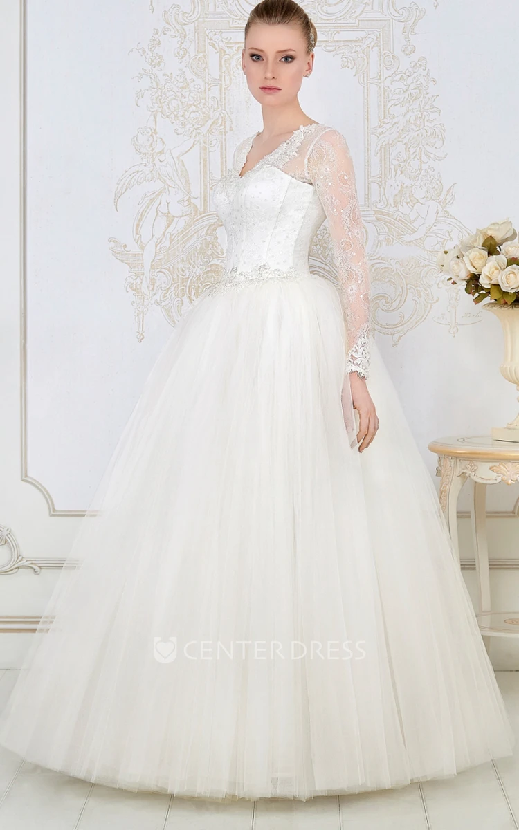 Ball Gown Maxi V-Neck Lace Long-Sleeve Tulle Wedding Dress With Appliques And Beading