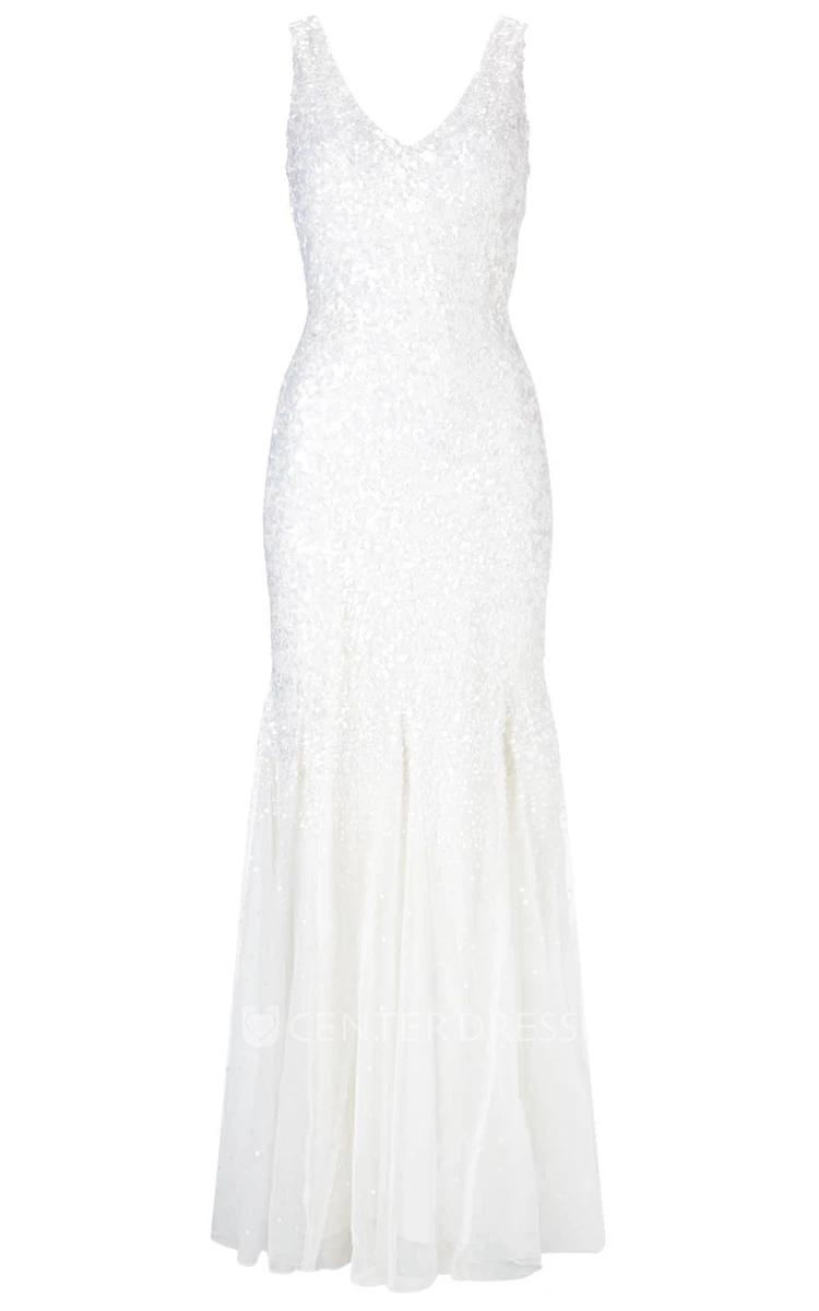 Sheath Sleeveless V-Neck Pleated Floor-Length Sequins Wedding Dress With Low-V Back