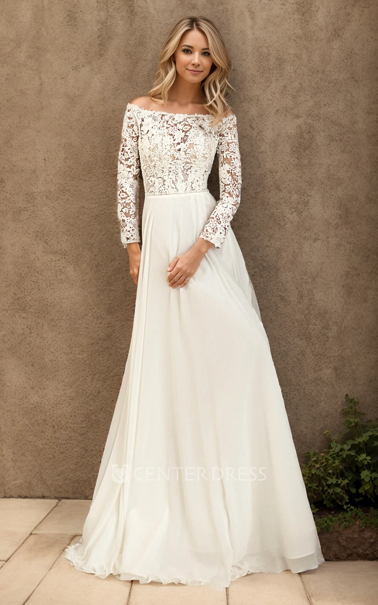 Summer Vintage A-Line Boho Lace Wedding Dress Modern Off-the-shoulder Beach Bridal Gown with Long Sleeve