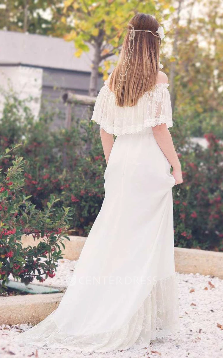 Boho Off-The-Shoulder Lace Chiffon Wedding Dress With Sweep Train