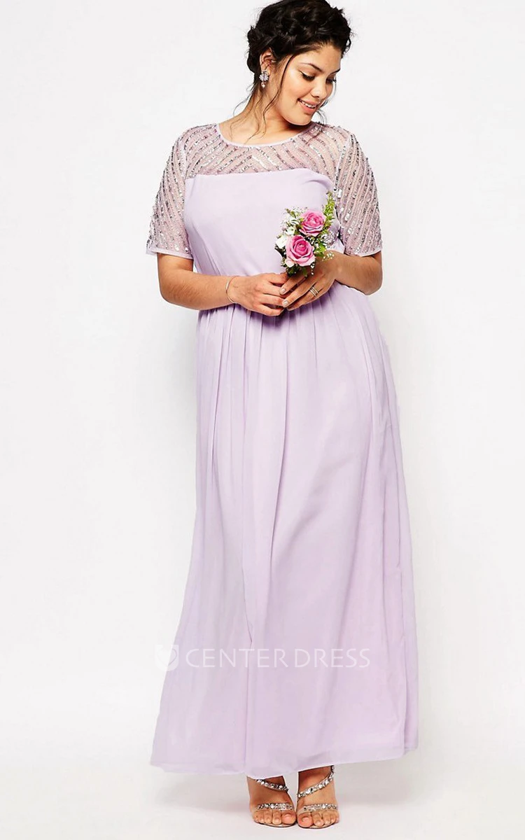 Sheath Short-Sleeve Scoop-Neck Ankle-Length Chiffon Bridesmaid Dress With Sequins