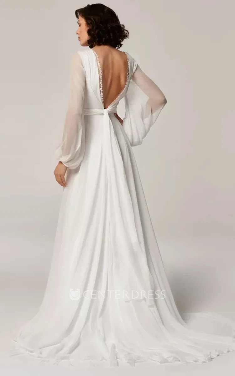 Modern Chiffon 3/4 Length Sleeve Poet A Line Wedding Dress with Ruching