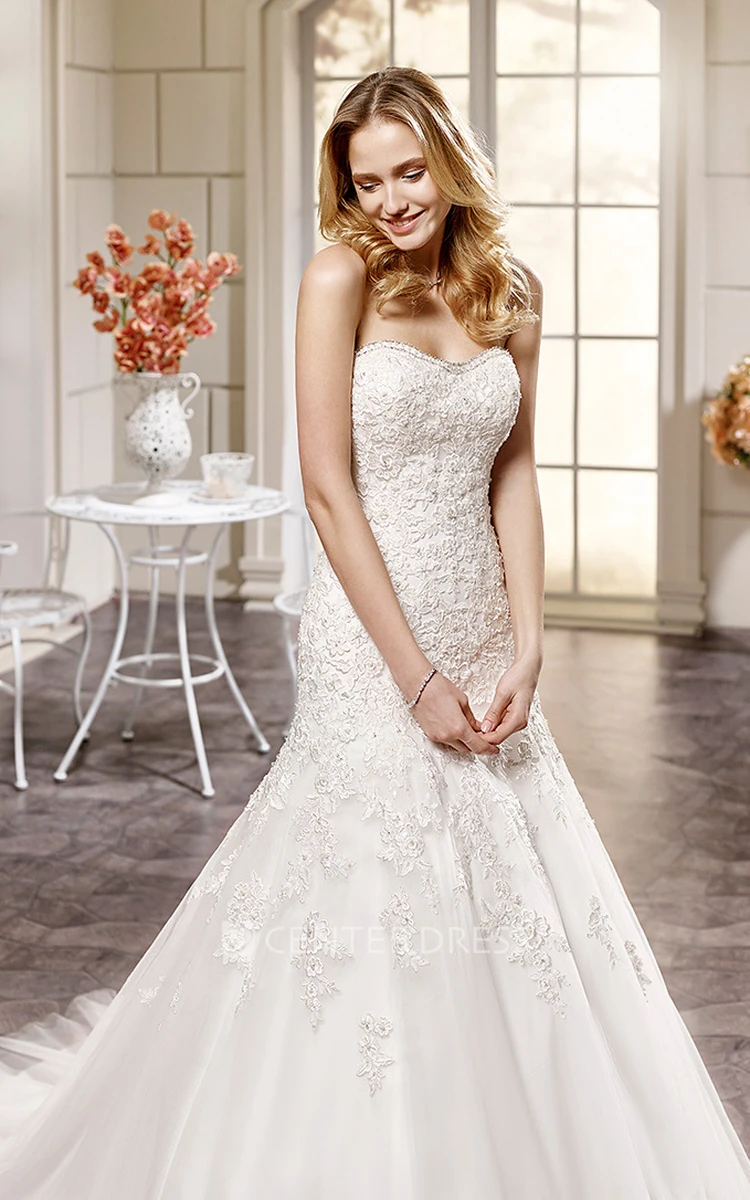 Trumpet Sweetheart Long Beaded Tulle Wedding Dress With Appliques