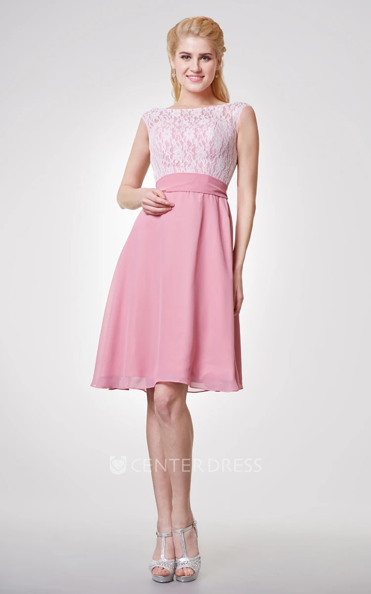 Bateau Lace Cap-sleeved A-line Short Dress With Chiffon Skirt