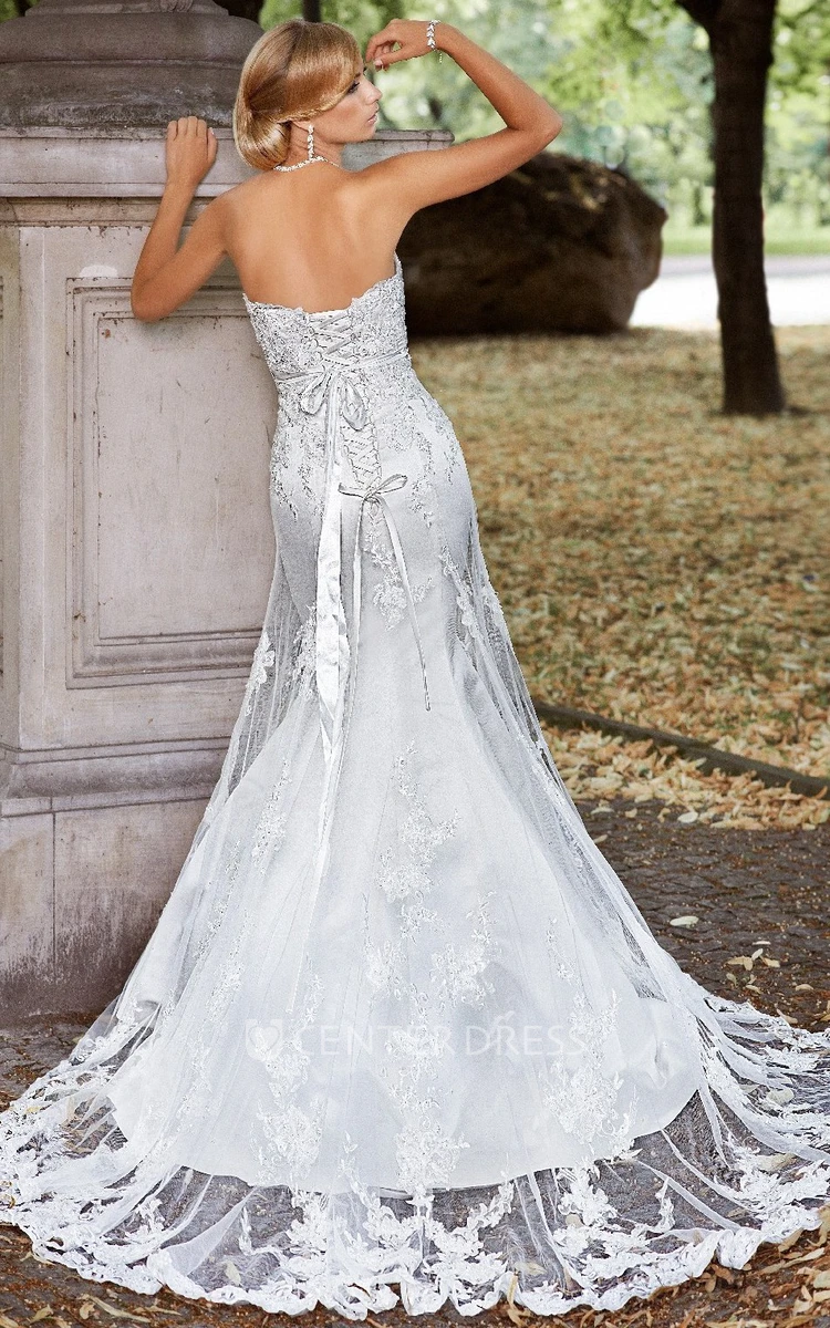 Sheath Long Sweetheart Appliqued Sleeveless Lace Wedding Dress With Beading And Bow