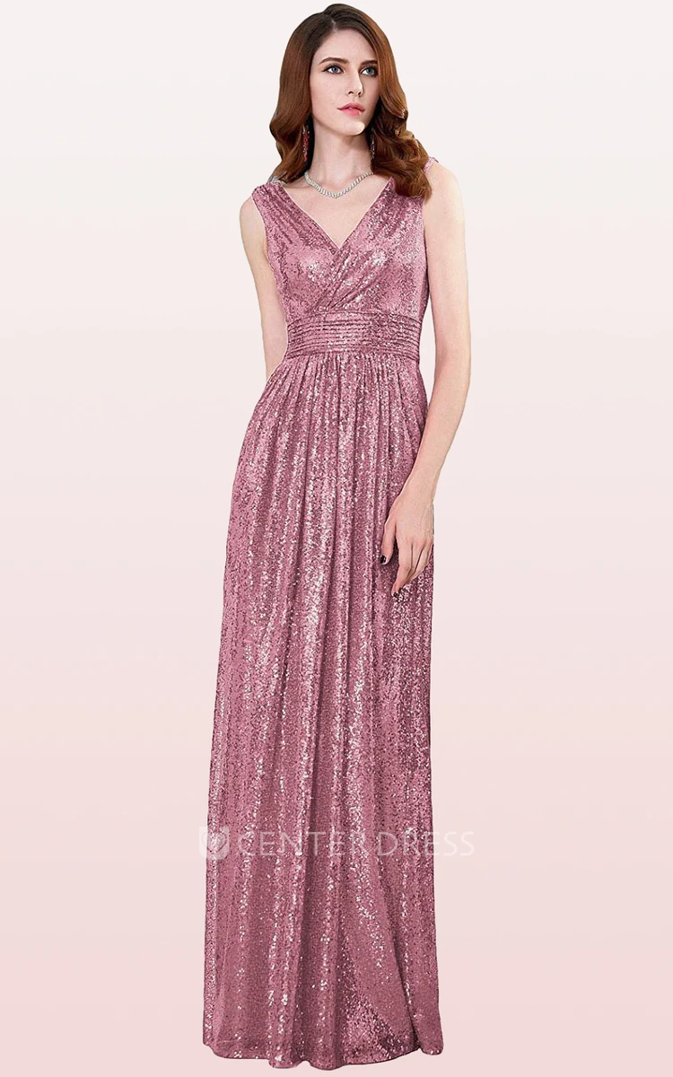 Sequins Floor-length V-neck A Line Sleeveless Bridesmaid Dress With Ruching