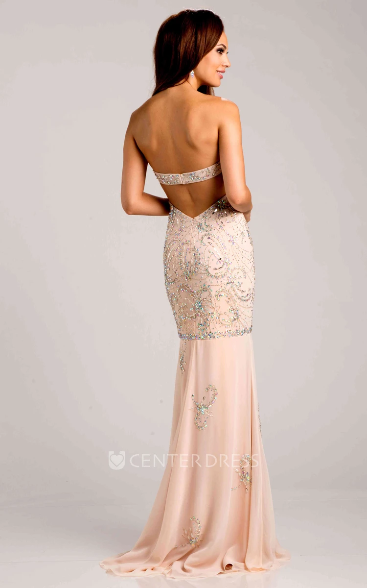 Crystal Detailed Sweetheart Chiffon Prom Dress With Side Slit