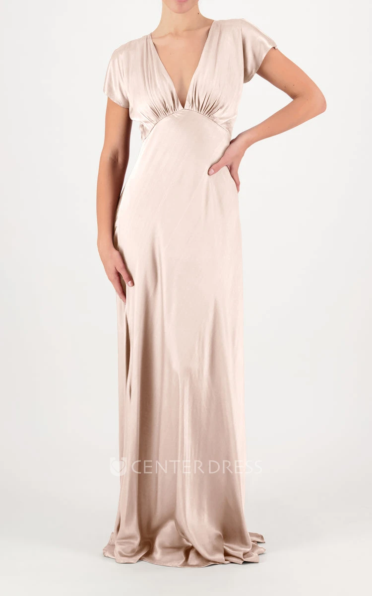 Elegant Beach A Line Charmeuse Bridesmaid Dress with Split Front and Petal Sleeves