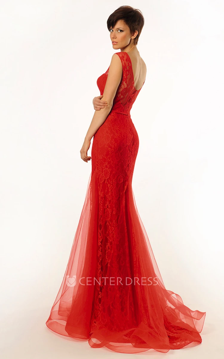Trumpet Sleeveless Scoop Appliqued Floor-Length Lace&Tulle Prom Dress With Low-V Back And Ruffles