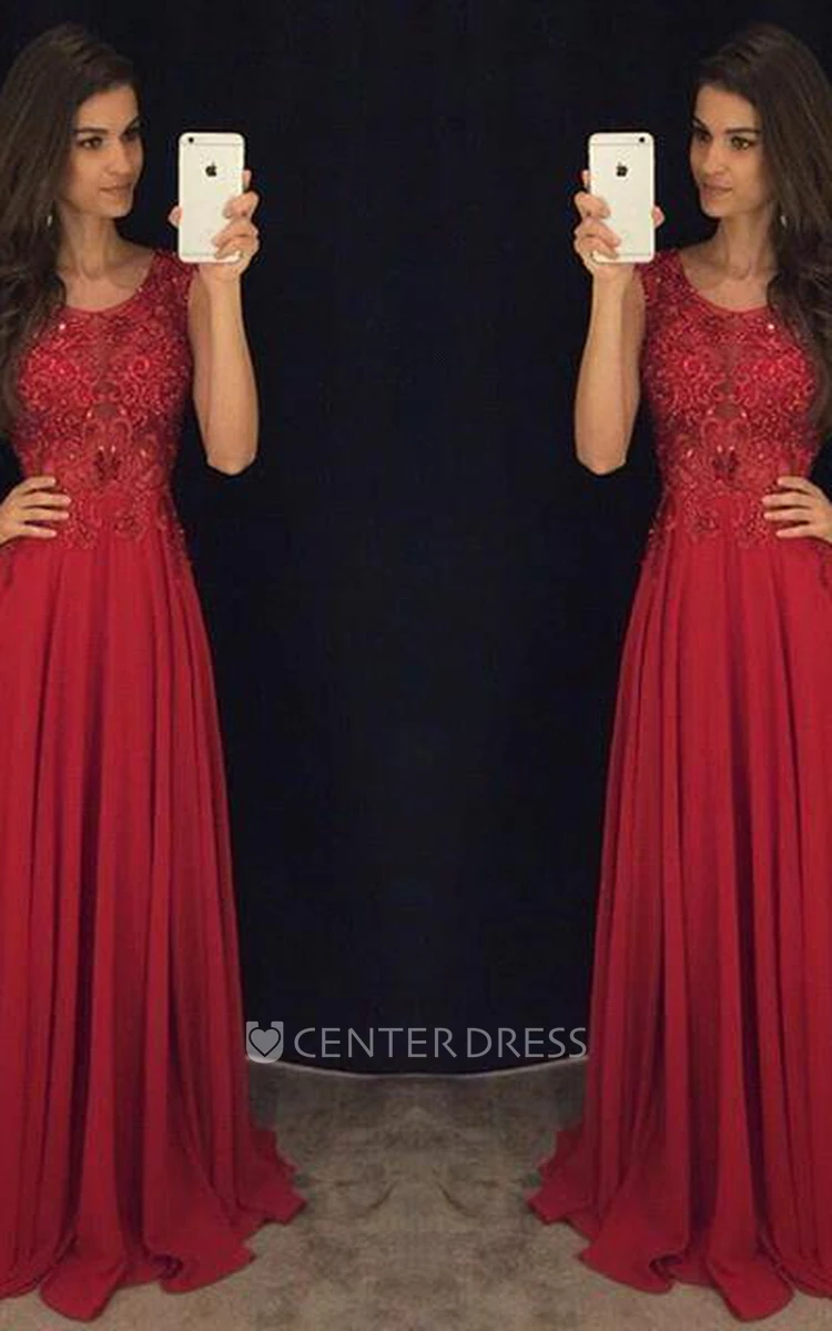Fit and Flare Sleeveless Red Evening Dresses Lace Appliques Chiffon