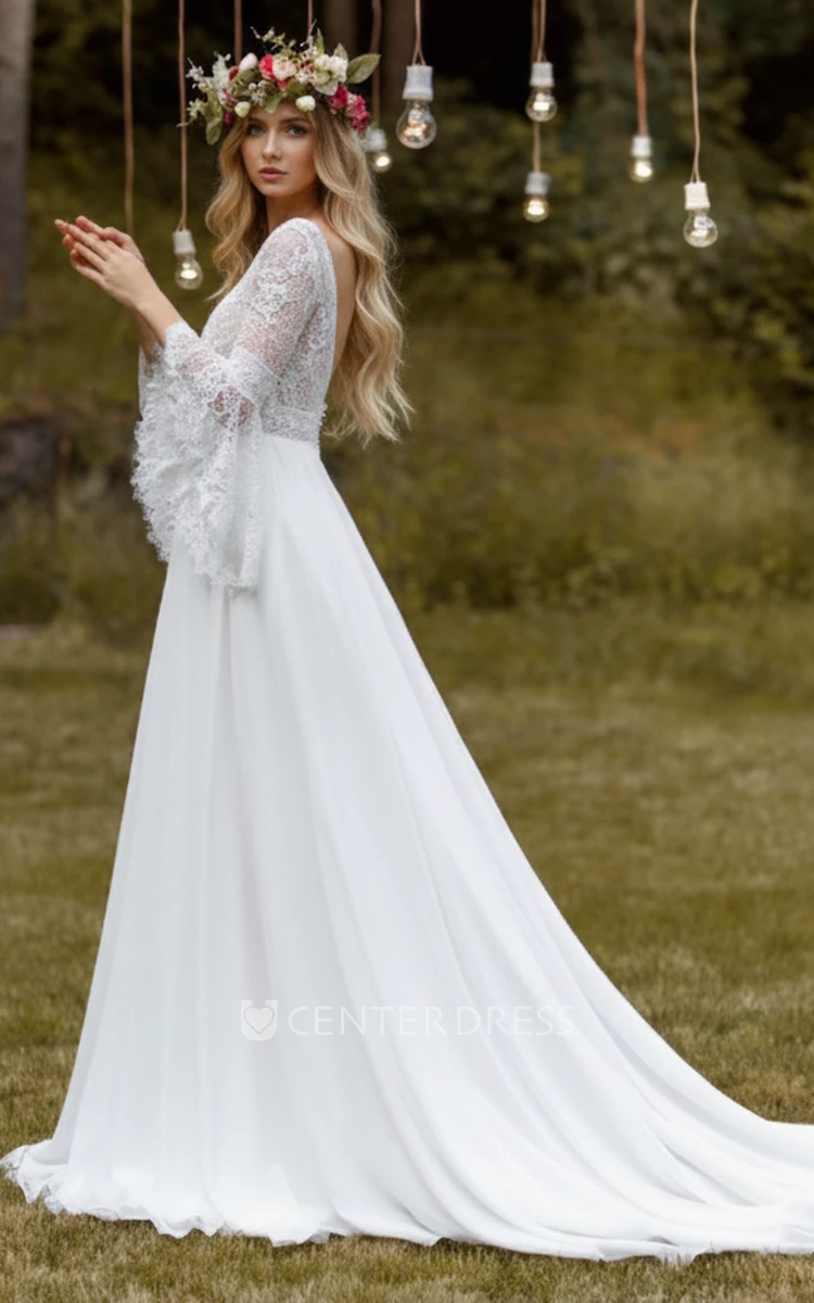Ethereal A-Line V-Neck Lace Chiffon Spring Wedding Dress Elegant Backless Bridal Gown with Bell Sleeves