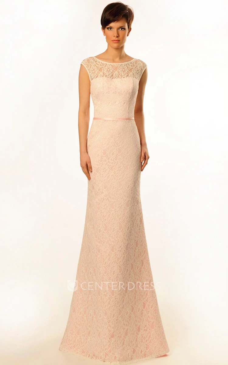 Sheath Cap-Sleeve Floor-Length Scoop Lace Prom Dress With Low-V Back And Brush Train