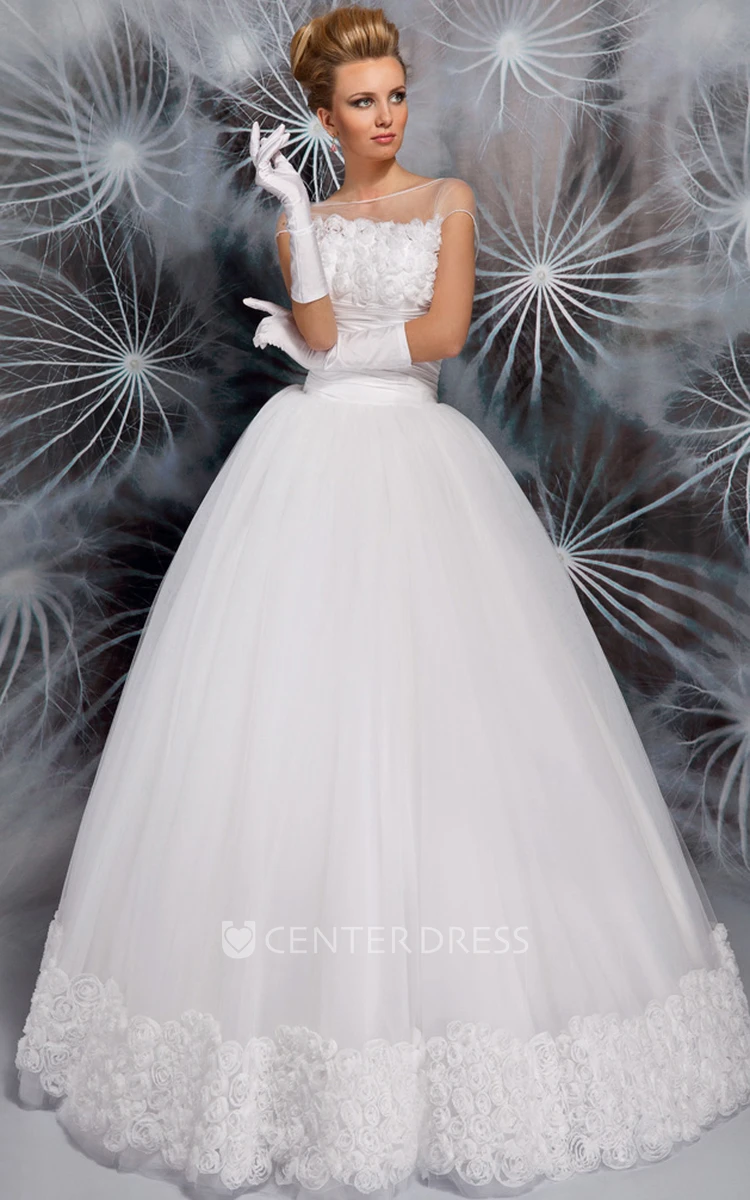 Bateau Floor-Length Floral Tulle Wedding Dress With Ruching And Lace Up