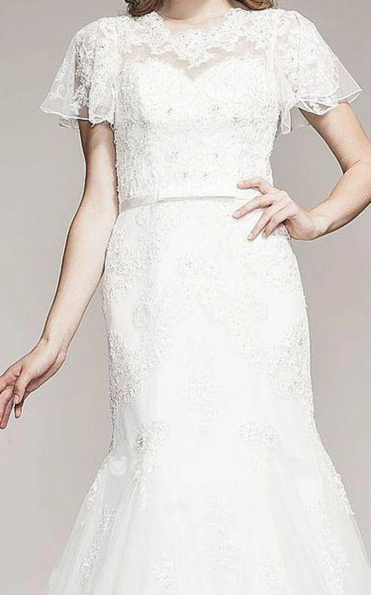 Mermaid Short-Sleeve Caped Floor-Length Lace&Tulle Wedding Dress With Appliques And Beading