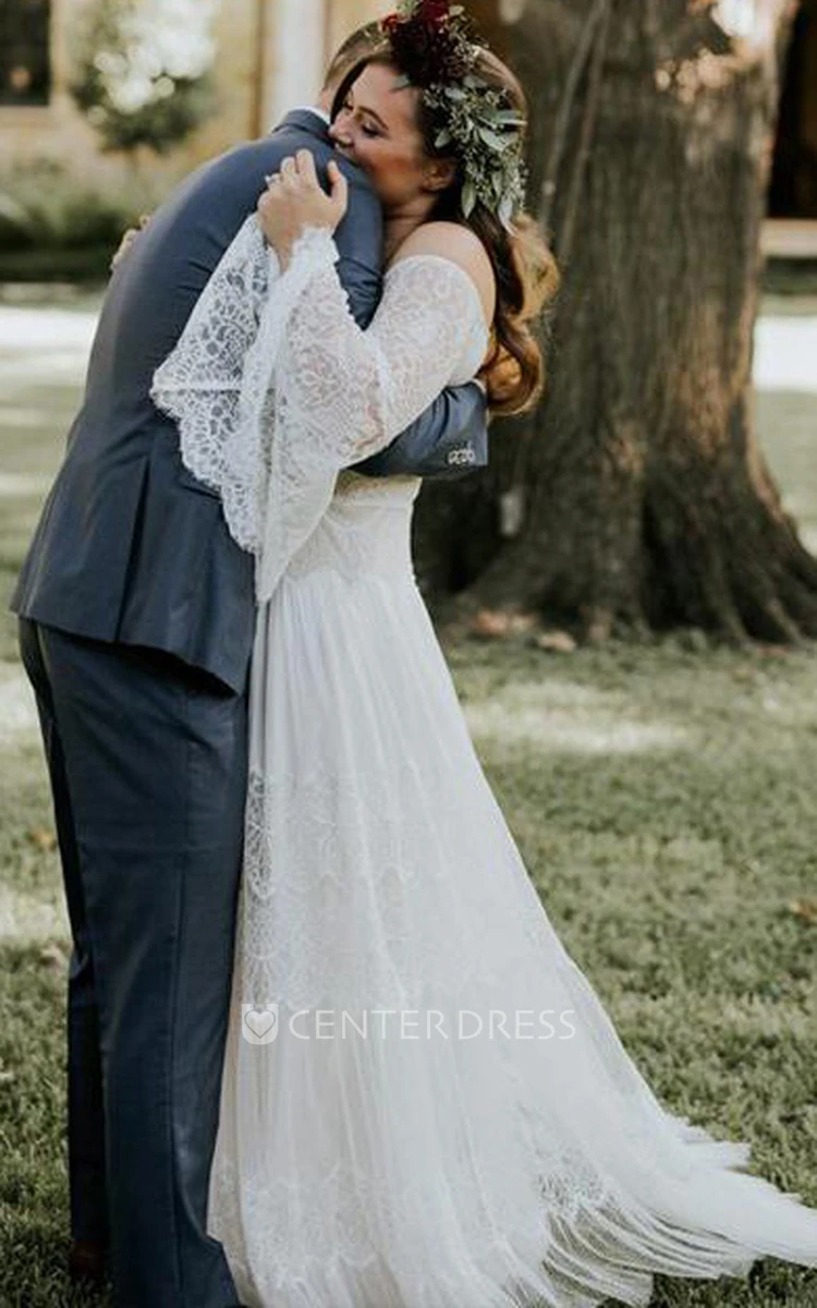 A Line Long Sleeve Lace Vintage Ethereal Button Wedding Dress with Lace
