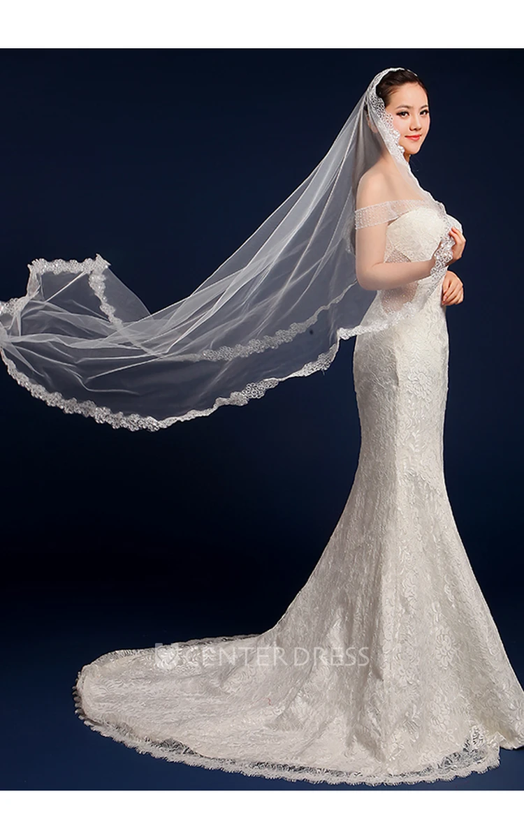 Long Tulle Wedding Veil with Lace Edge