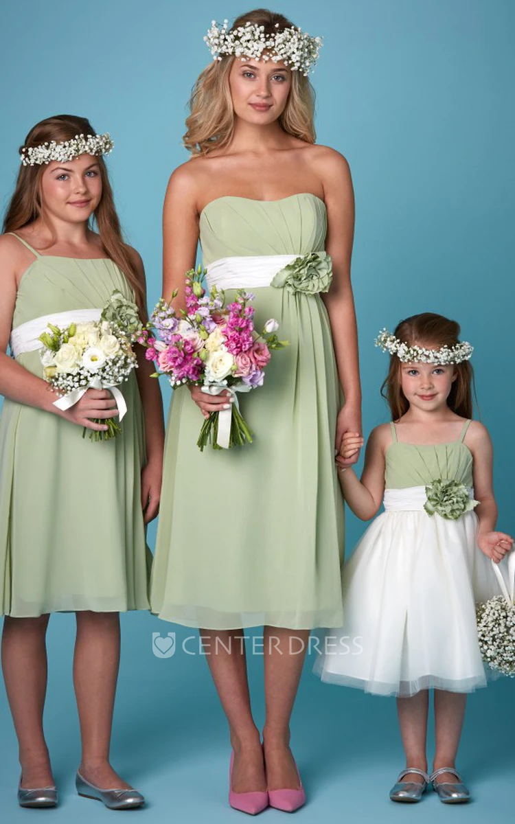 Tea-Length Floral Strapless Chiffon Bridesmaid Dress With Ruching