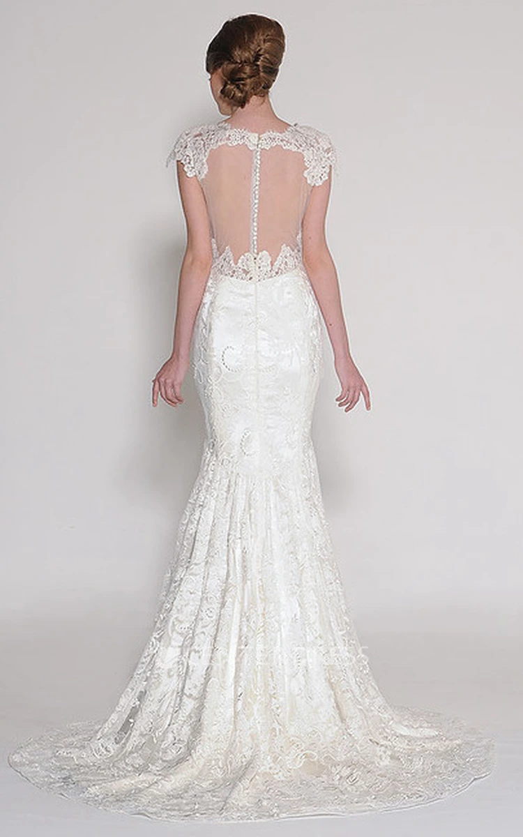 Sheath Appliqued Cap-Sleeve V-Neck Floor-Length Lace Wedding Dress