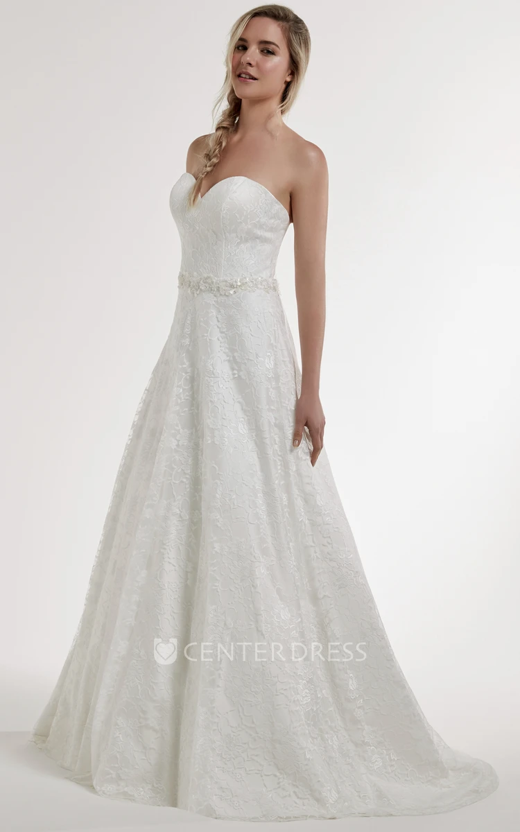 A-Line Sweetheart Jeweled Sleeveless Lace Wedding Dress With Brush Train