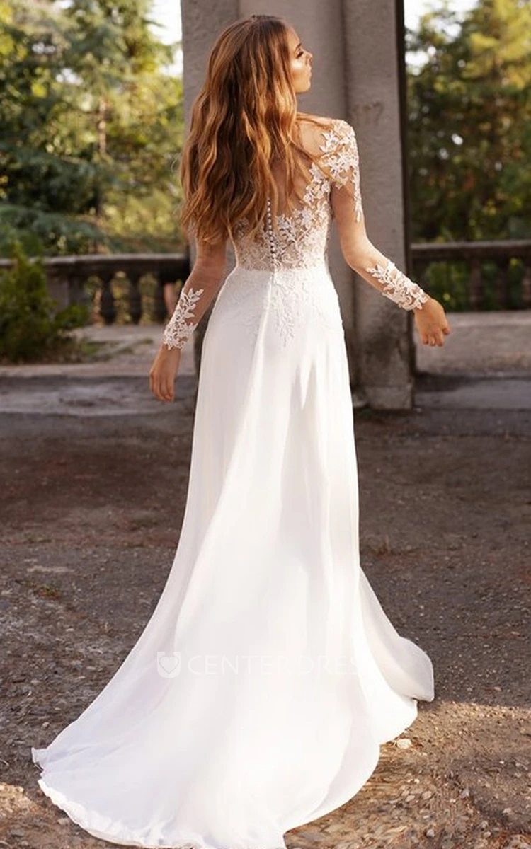 A Line Two Piece Round Neck Long Sleeves Lace Beach Wedding