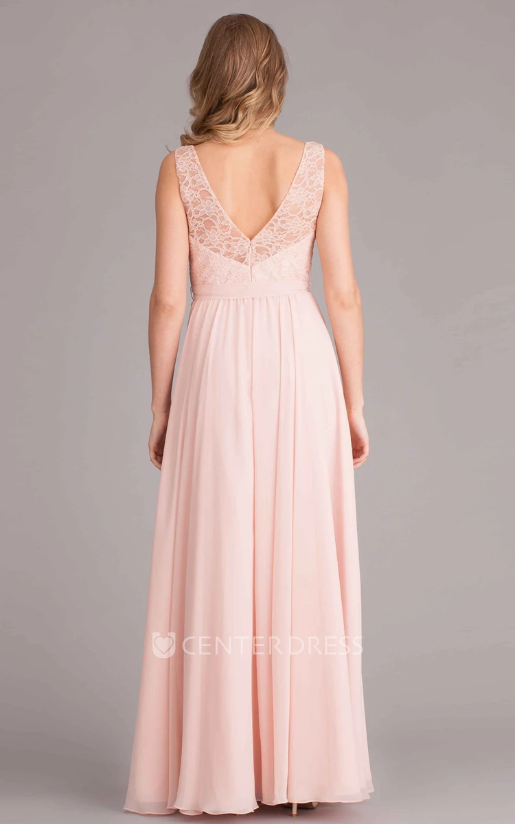 Sleeveless Lace V-Neck Chiffon Bridesmaid Dress With Bow