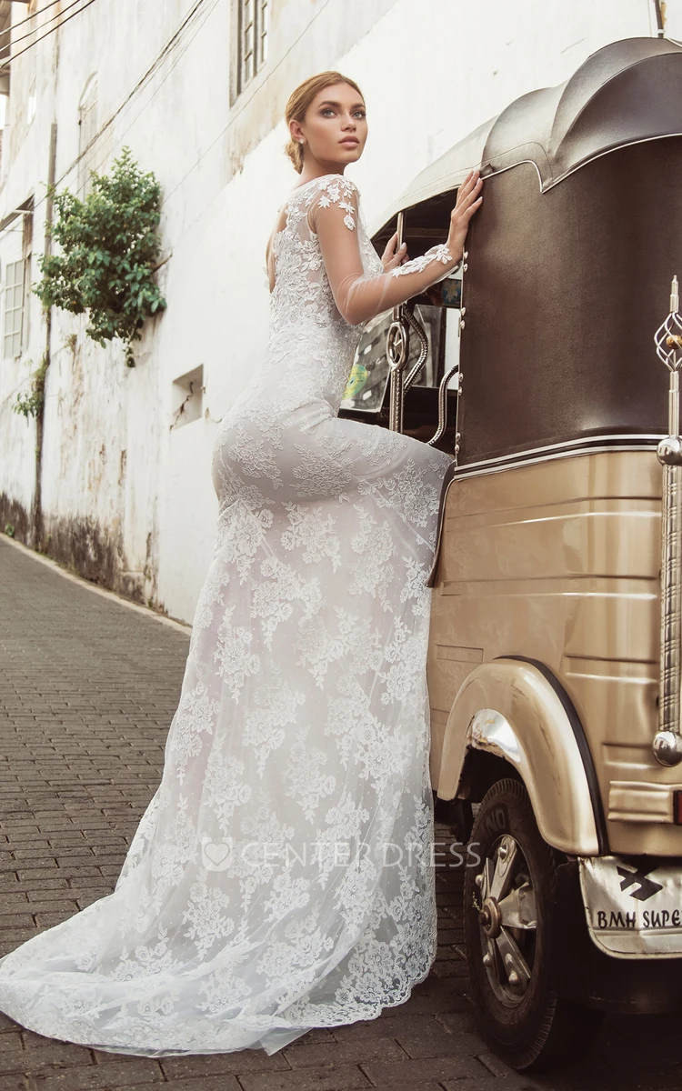 Modern Lace Brush Train Long Sleeve A Line Bateau Wedding Dress