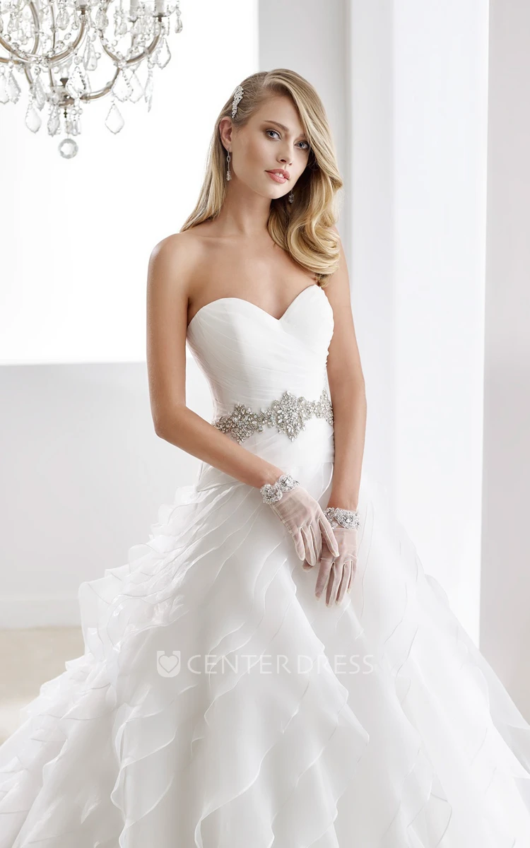 Sweetheart Pleated A-Line Bridal Gown With Cascading Ruffles And Beaded Belt