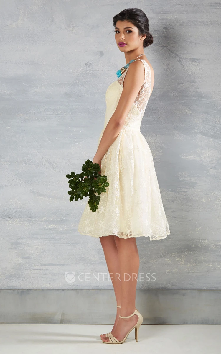 Midi V-Neck Lace Wedding Dress With V Back